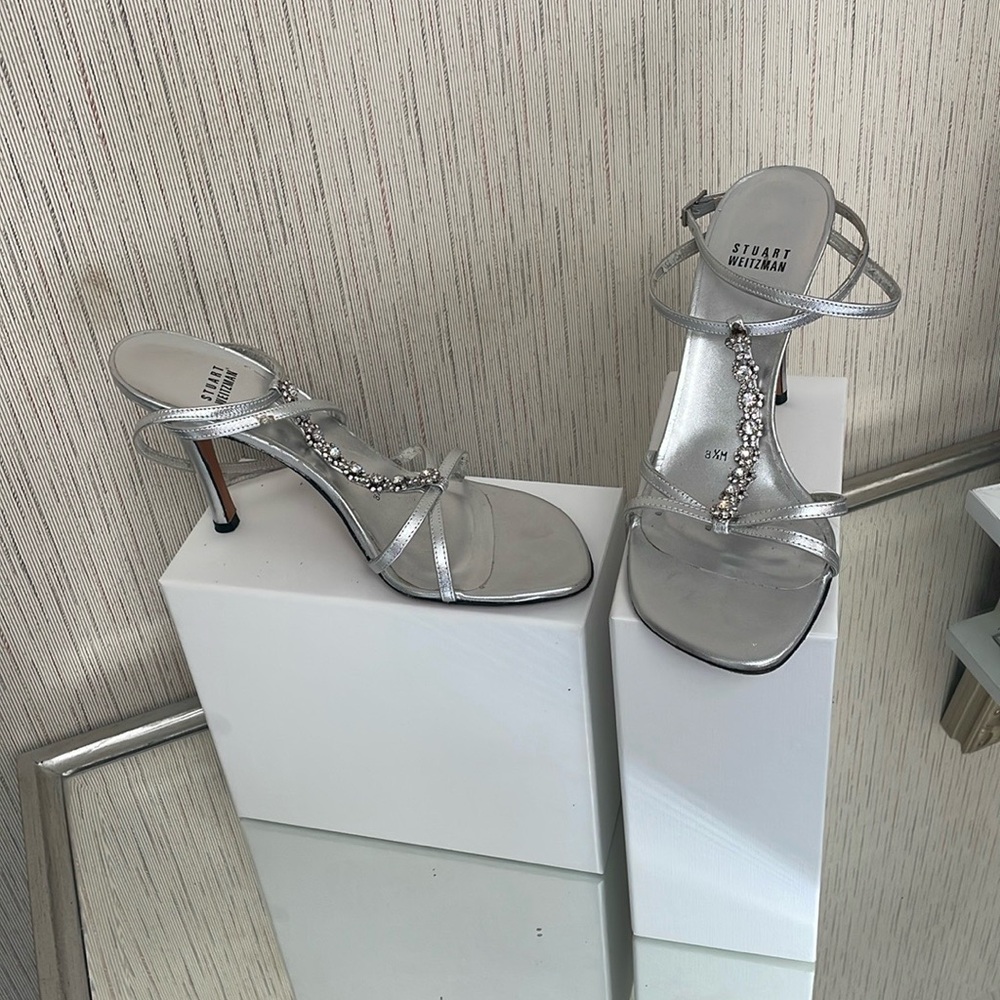 Stuart Weitzman Silver Heeled Sandals with Crystal Embellishments - Picture 2 of 5